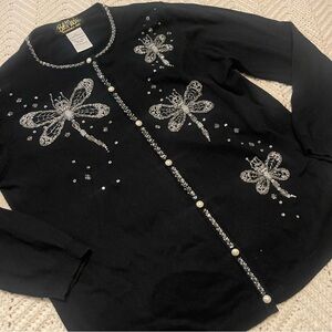 Bob Mackie Vintage Black sweater dragonfly beads